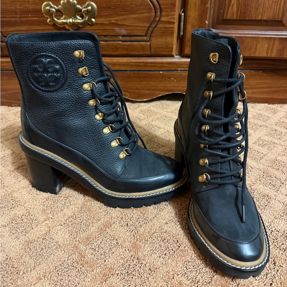 Tory Burch Black Heeled Boots with Gold Details